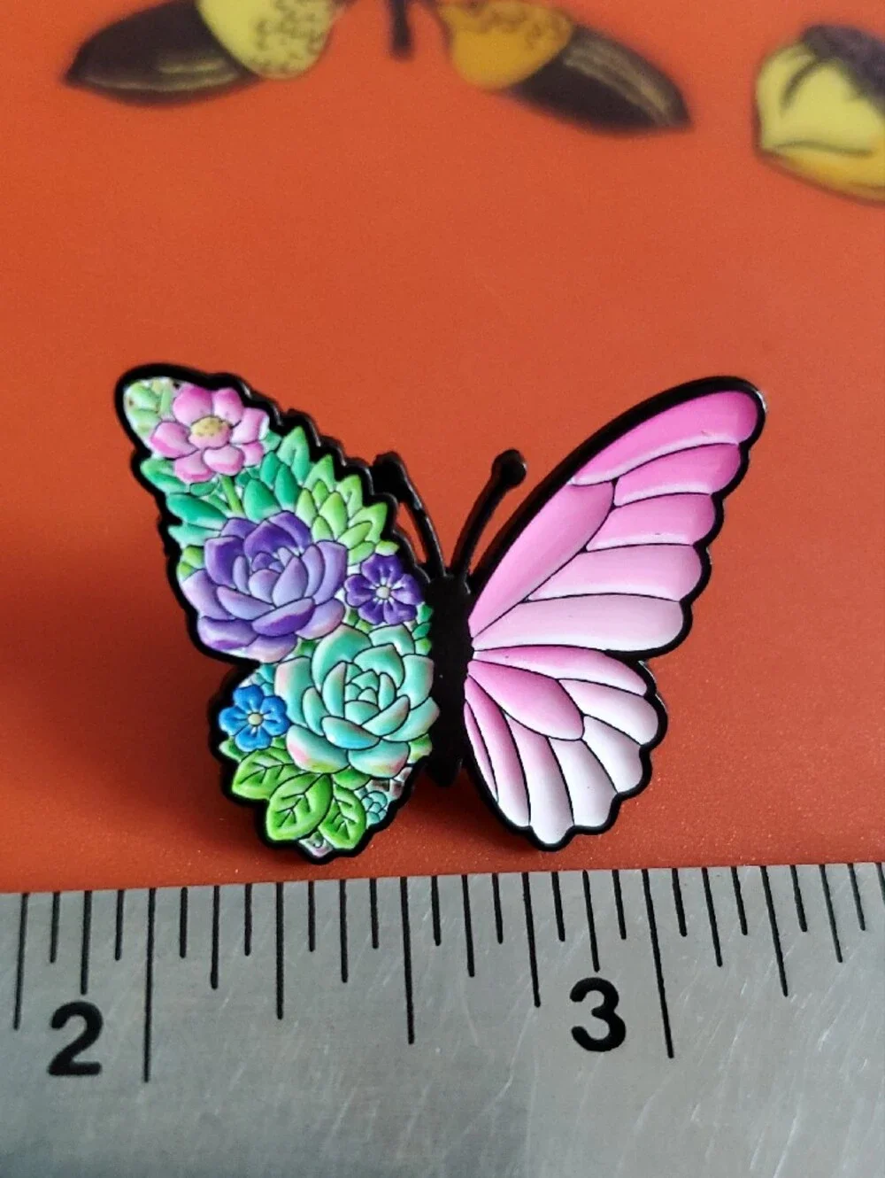 Floral Succulent Butterfly Enamel Pin - Pink & Multicolor